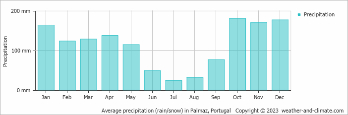 Average monthly rainfall, snow, precipitation in Palmaz, Portugal