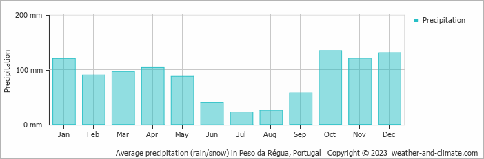 Average monthly rainfall, snow, precipitation in Peso da Régua, 