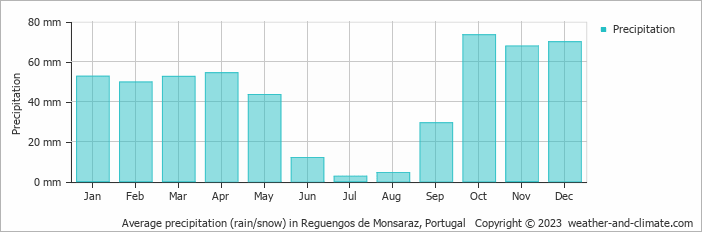Average monthly rainfall, snow, precipitation in Reguengos de Monsaraz, Portugal