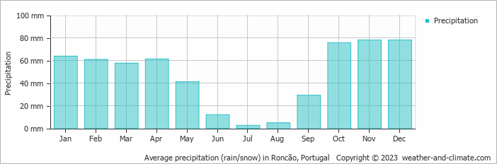 Average monthly rainfall, snow, precipitation in Roncão, Portugal