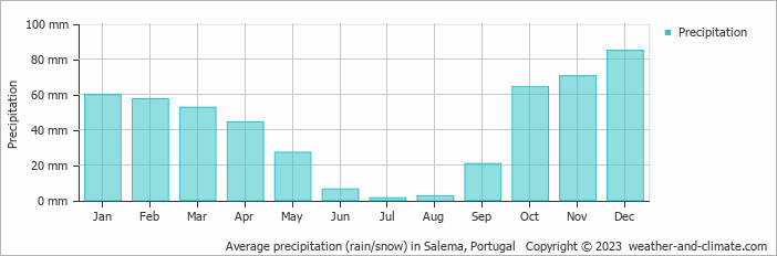 Average monthly rainfall, snow, precipitation in Salema, Portugal