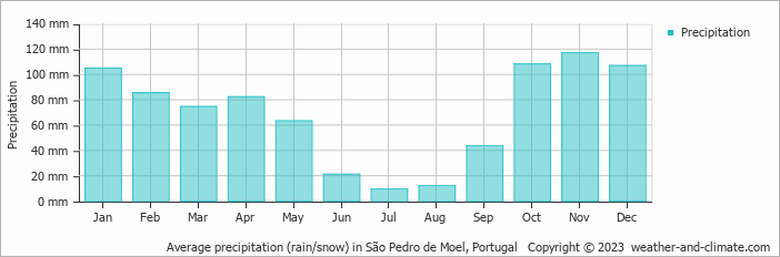 Average monthly rainfall, snow, precipitation in São Pedro de Moel, Portugal