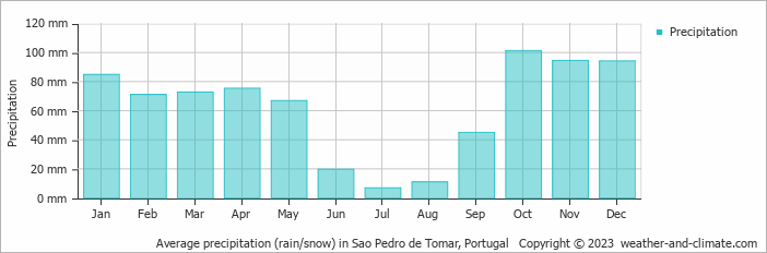 Average monthly rainfall, snow, precipitation in Sao Pedro de Tomar, Portugal