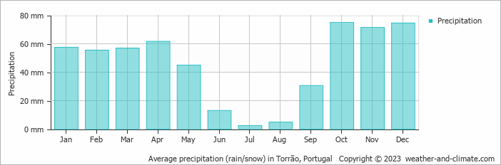 Average monthly rainfall, snow, precipitation in Torrão, Portugal