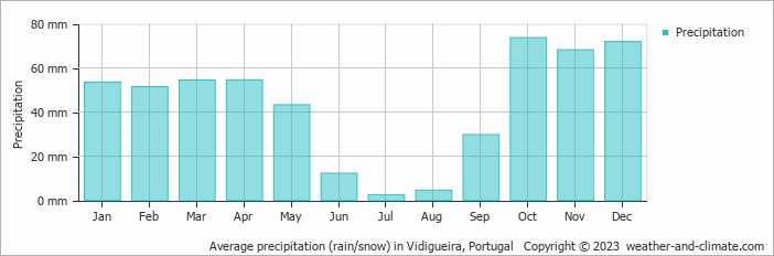 Average monthly rainfall, snow, precipitation in Vidigueira, Portugal