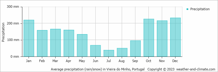 Average monthly rainfall, snow, precipitation in Vieira do Minho, Portugal