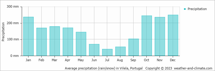 Average monthly rainfall, snow, precipitation in Vilela, Portugal