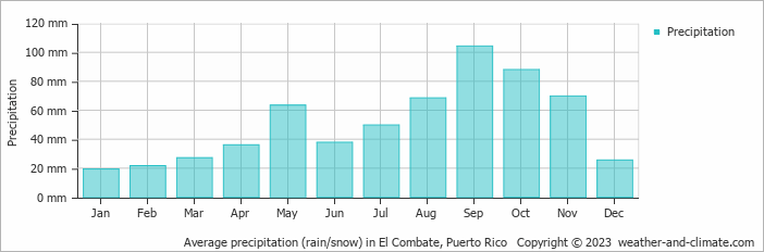 Average monthly rainfall, snow, precipitation in El Combate, Puerto Rico