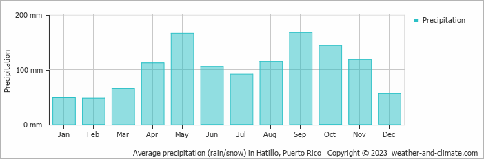 Average monthly rainfall, snow, precipitation in Hatillo, 