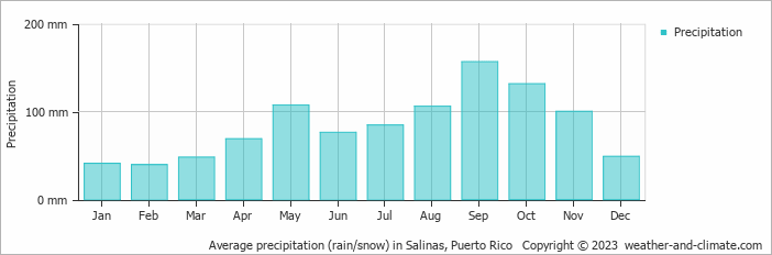 Average monthly rainfall, snow, precipitation in Salinas, Puerto Rico