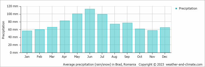 Average monthly rainfall, snow, precipitation in Brad, Romania