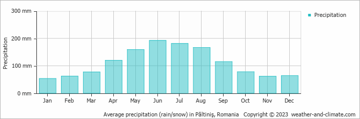 Average monthly rainfall, snow, precipitation in Păltiniş, Romania