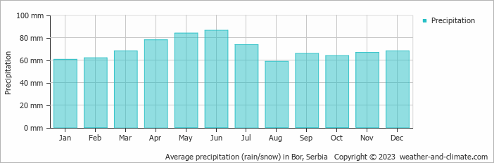 Average monthly rainfall, snow, precipitation in Bor, 