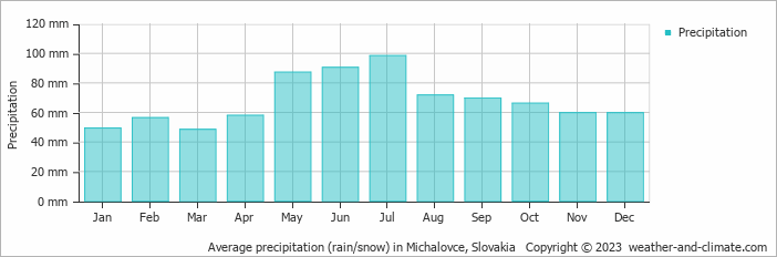 Average monthly rainfall, snow, precipitation in Michalovce, 