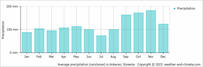 Average monthly rainfall, snow, precipitation in Ankaran, Slovenia