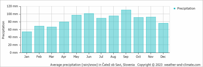 Average monthly rainfall, snow, precipitation in Čatež ob Savi, 