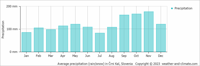 Average monthly rainfall, snow, precipitation in Črni Kal, Slovenia