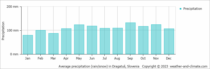Average monthly rainfall, snow, precipitation in Dragatuš, Slovenia