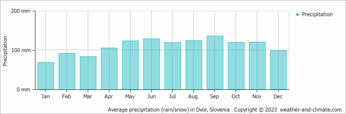 Average monthly rainfall, snow, precipitation in Dvor, Slovenia
