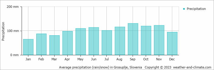 Average monthly rainfall, snow, precipitation in Grosuplje, Slovenia