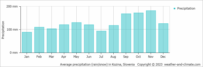 Average monthly rainfall, snow, precipitation in Kozina, Slovenia