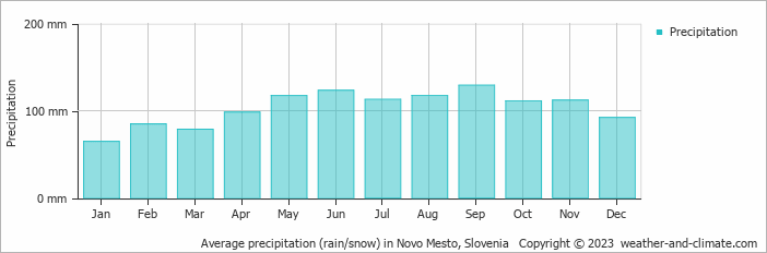 Average monthly rainfall, snow, precipitation in Novo Mesto, Slovenia