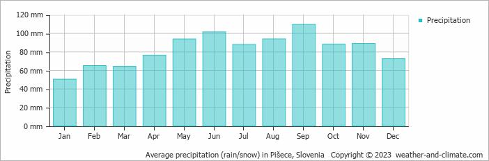 Average monthly rainfall, snow, precipitation in Pišece, 