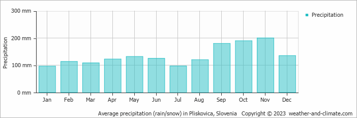 Average monthly rainfall, snow, precipitation in Pliskovica, Slovenia