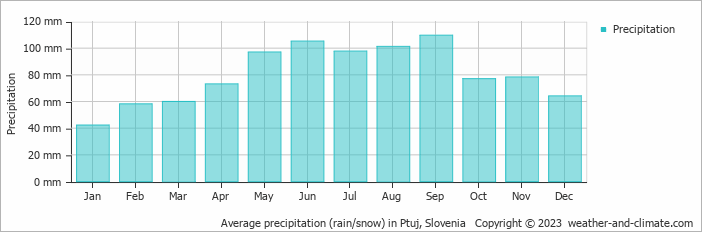 Average monthly rainfall, snow, precipitation in Ptuj, 