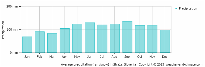 Average monthly rainfall, snow, precipitation in Straža, Slovenia