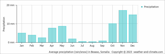 Average monthly rainfall, snow, precipitation in Bosaso, Somalia