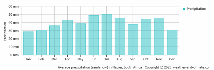 Average monthly rainfall, snow, precipitation in Napier, South Africa