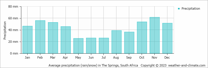 Average monthly rainfall, snow, precipitation in The Springs, South Africa