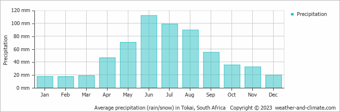 Average monthly rainfall, snow, precipitation in Tokai, South Africa