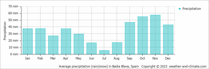 Average monthly rainfall, snow, precipitation in Badia Blava, Spain