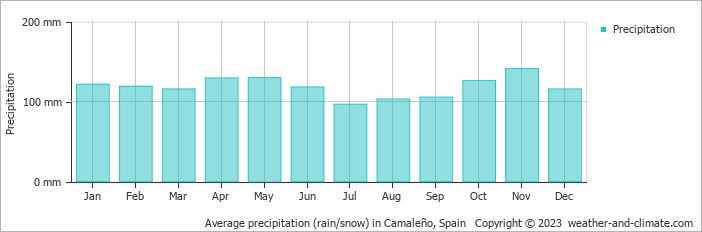 Average monthly rainfall, snow, precipitation in Camaleño, Spain