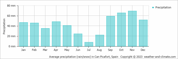 Average monthly rainfall, snow, precipitation in Can Picafort, Spain