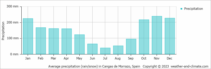 Average monthly rainfall, snow, precipitation in Cangas de Morrazo, 