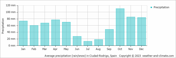 Average monthly rainfall, snow, precipitation in Ciudad-Rodrigo, Spain