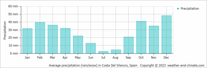Average monthly rainfall, snow, precipitation in Costa Del Silencio, Spain