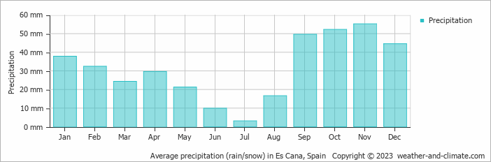 Average monthly rainfall, snow, precipitation in Es Cana, Spain