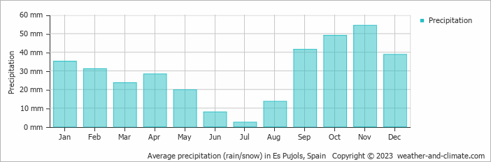 Average monthly rainfall, snow, precipitation in Es Pujols, Spain