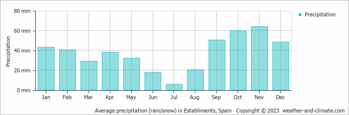 Average monthly rainfall, snow, precipitation in Establiments, Spain