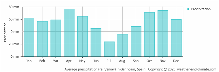 Average monthly rainfall, snow, precipitation in Garínoain, 