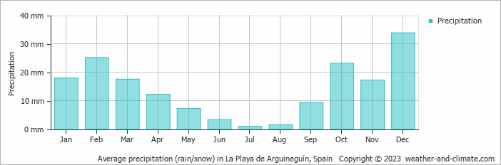 Average monthly rainfall, snow, precipitation in La Playa de Arguineguín, Spain