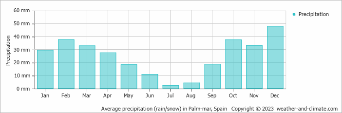 Average monthly rainfall, snow, precipitation in Palm-mar, Spain