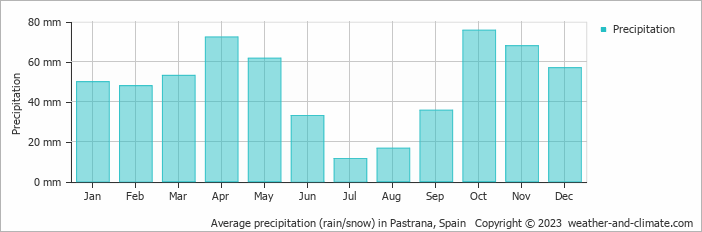 Average monthly rainfall, snow, precipitation in Pastrana, 