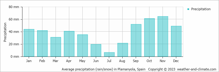 Average monthly rainfall, snow, precipitation in Plamanyola, Spain