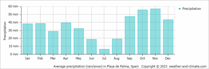 Average monthly rainfall, snow, precipitation in Playa de Palma, Spain
