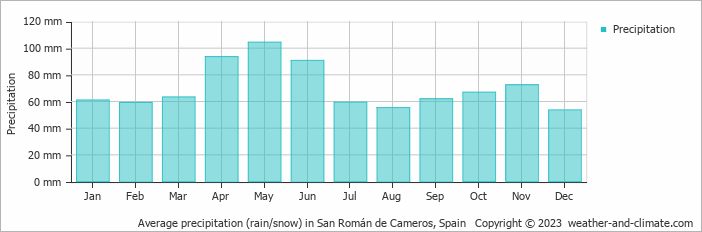 Average monthly rainfall, snow, precipitation in San Román de Cameros, Spain